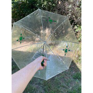 Vintage 1960s Clear Vinyl Bubble Umbrella Green Flowers  & Handle